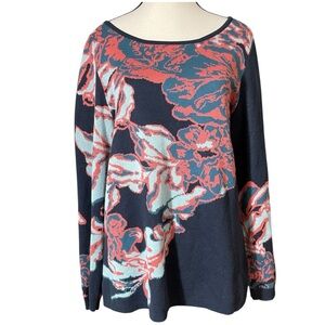Soft Surroundings Seeds of Spring Navy  Coral Floral Lng Sleeve Pullover Sweater